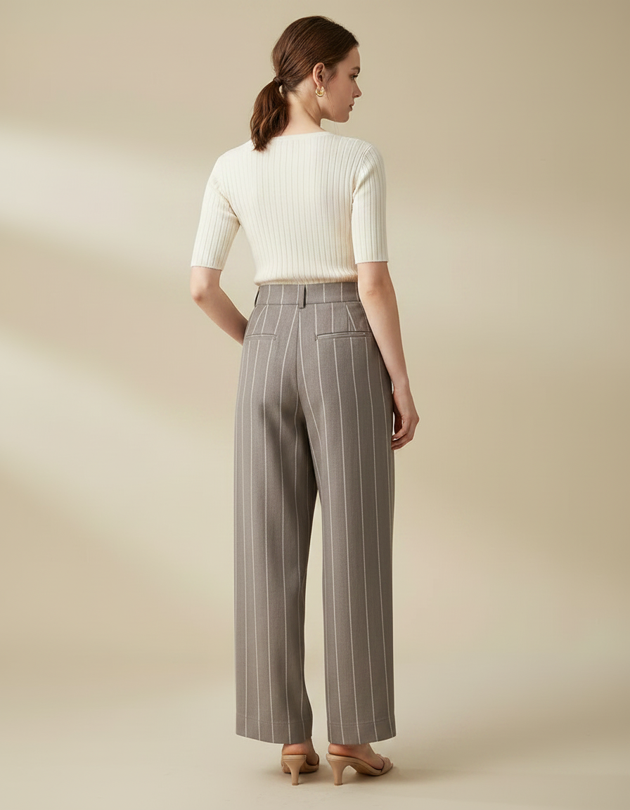 Pantalon Marron Rayé Ample Taille Haute Décontracté - Laine - vue 2
