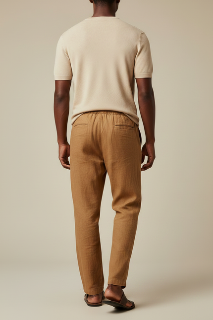 Pantalon Marron Lin Ample Cordon Décontracté Homme - vue 2
