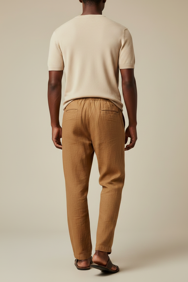 Pantalon Marron Lin Ample Cordon Décontracté Homme - vue 2