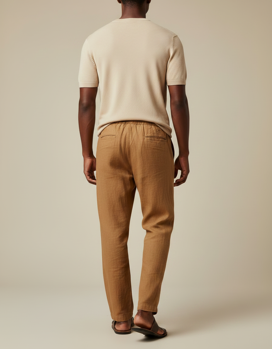 Pantalon Marron Lin Ample Cordon Décontracté Homme - vue 2