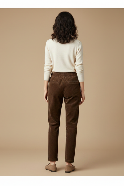 Pantalon Marron Côtelé Taille Haute Droit Élégant Femme - Cordé - vue 2