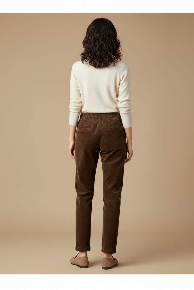 Pantalon Marron Côtelé Taille Haute Droit Élégant Femme - Cordé - vue 2
