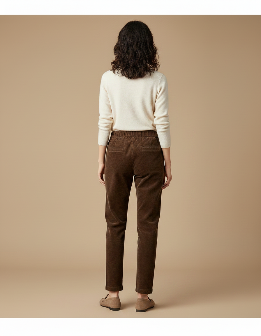 Pantalon Marron Côtelé Taille Haute Droit Élégant Femme - Cordé - vue 2