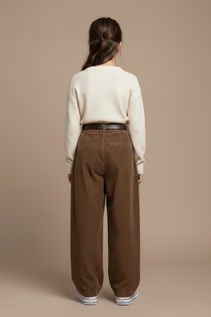 Pantalon Marron Côtelé Plissé Ample Décontracté - Cordé - vue 2