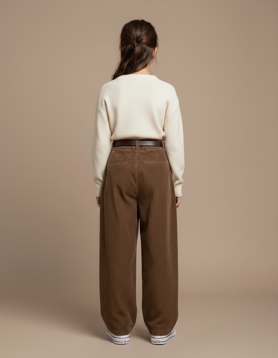 Pantalon Marron Côtelé Plissé Ample Décontracté - Cordé - vue 2