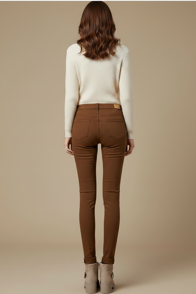 Pantalon Marron Skinny Taille Haute Élastique Femme - Gabardine - vue 2