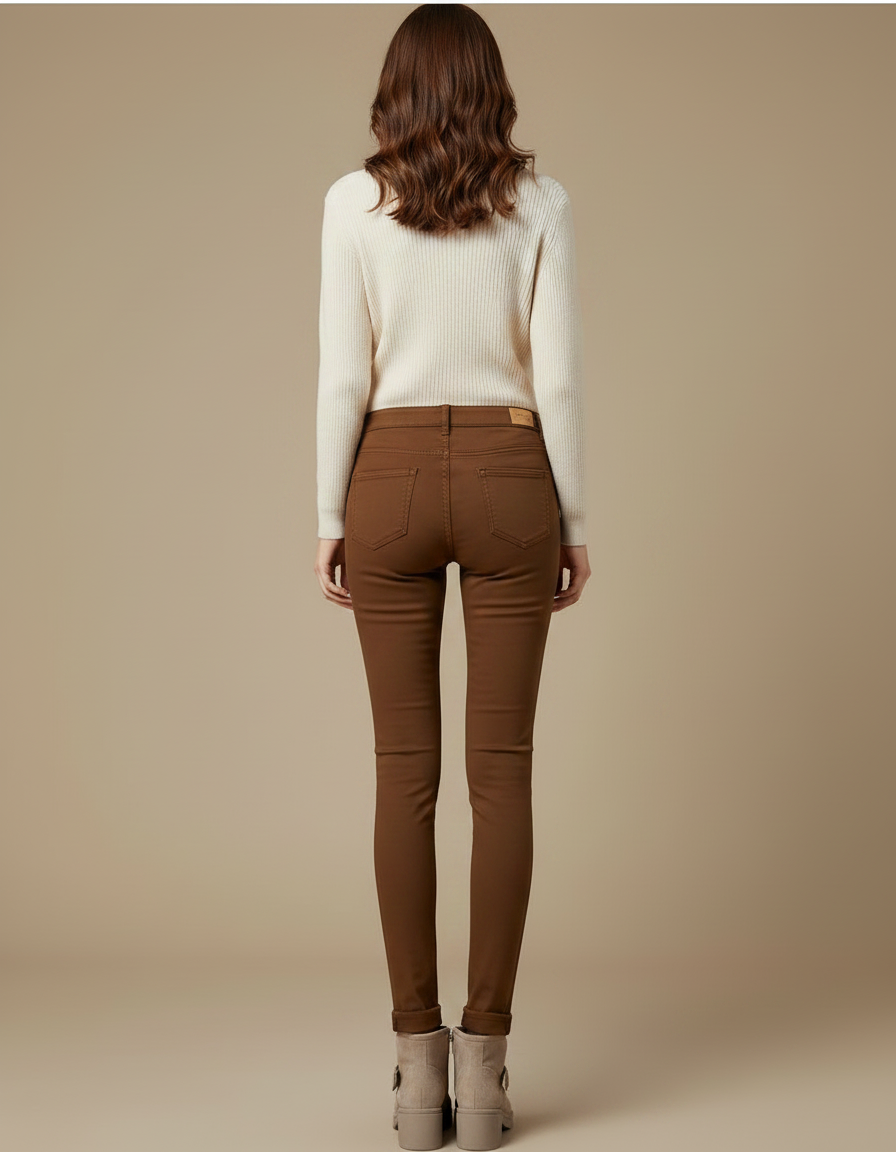 Pantalon Marron Skinny Taille Haute Élastique Femme - Gabardine - vue 2