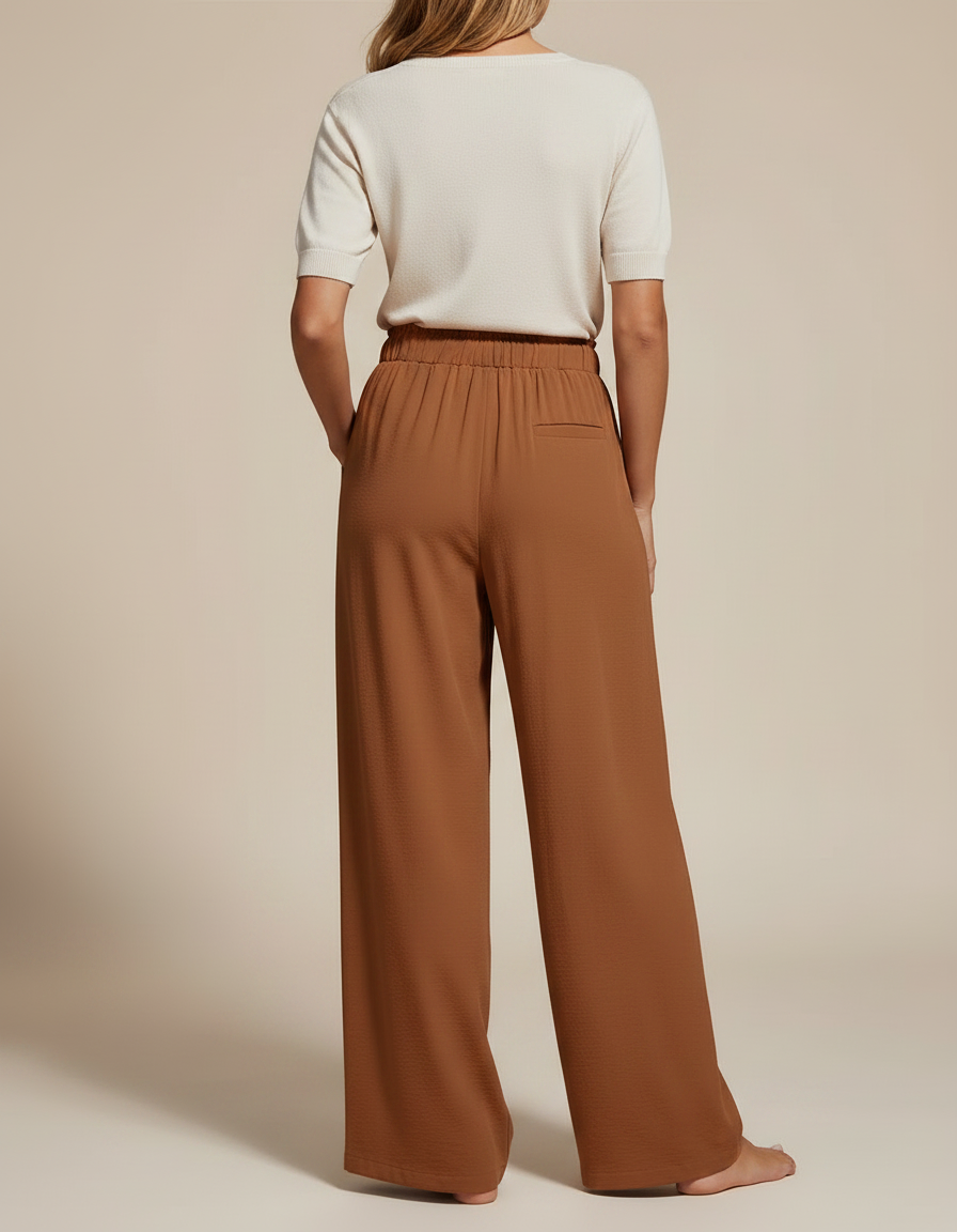 Pantalon Marron Fluide Ample Décontracté Cordon Femme - Viscose - vue 2