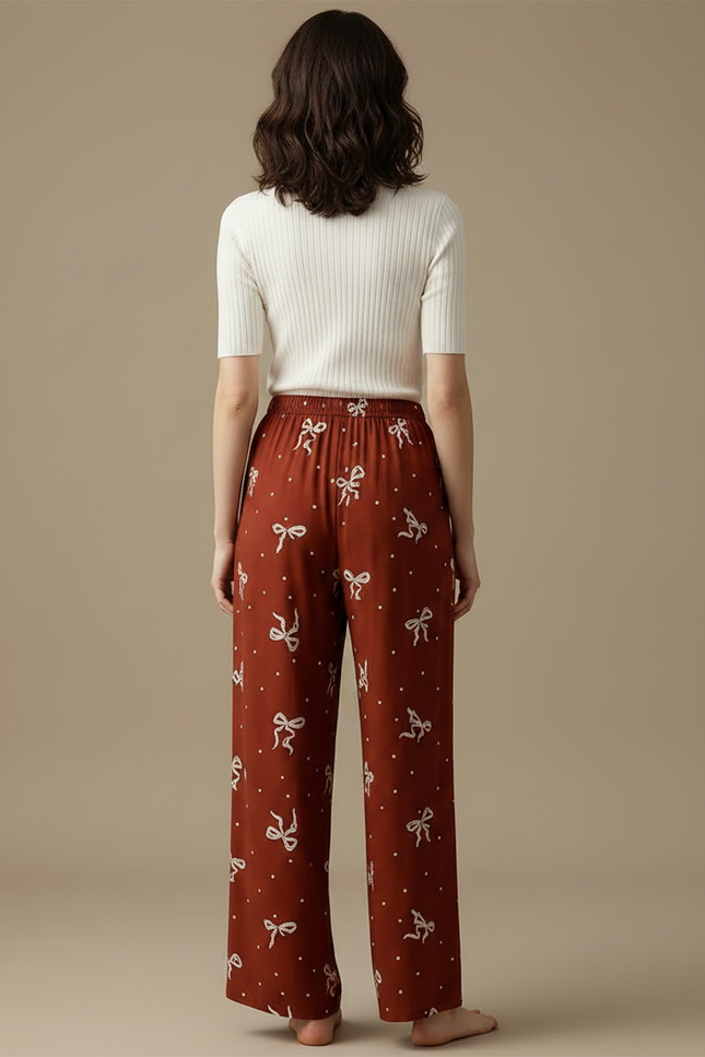 Pantalon Marron Fluide Ample Imprimé Nœuds - Viscose - vue 2