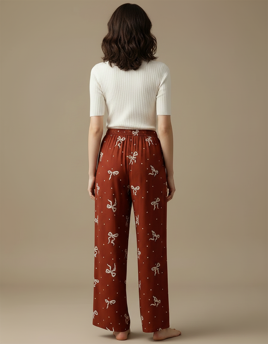 Pantalon Marron Fluide Ample Imprimé Nœuds - Viscose - vue 2