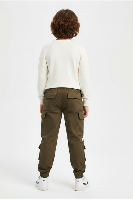 Pantalon Marron Cargo Coton Ample Garçon Sportif - Kaki - vue 2