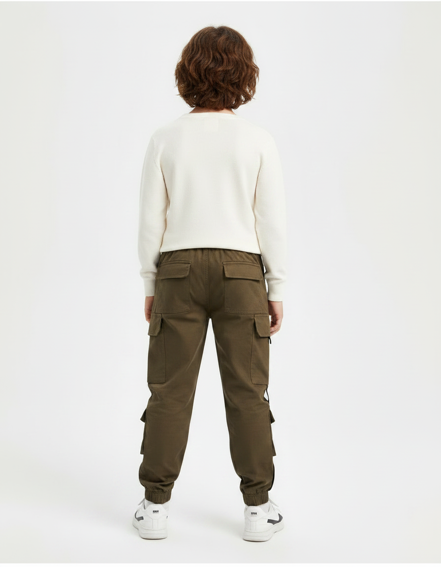 Pantalon Marron Cargo Coton Ample Garçon Sportif - Kaki - vue 2