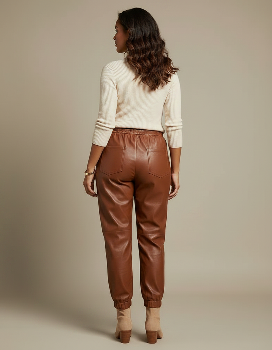 Pantalon Marron Similicuir Ample Taille Élastique Femme - Simili cuir - vue 2