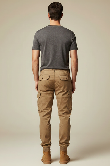Pantalon Marron Cargo Coton Homme Multipoches Décontracté - Kaki Toile - vue 2