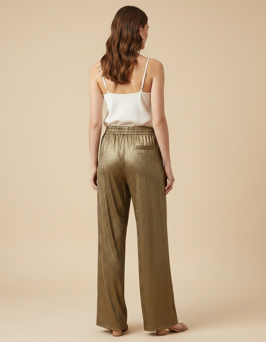 Pantalon Marron Brillant Fluide Large Élégant - Doré Polyester - vue 2