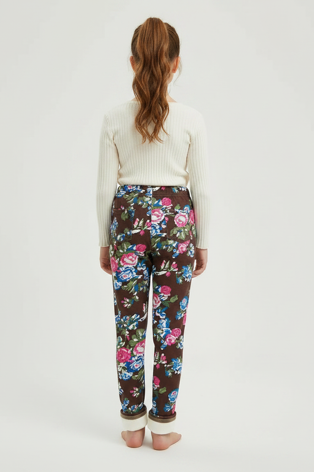 Pantalon Marron Floral Velours Doublé Chaud Fille - vue 2