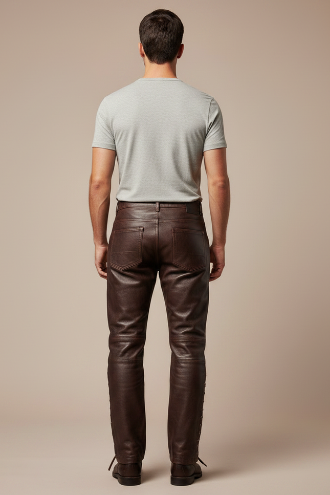Pantalon Cuir Moto Marron - vue 2