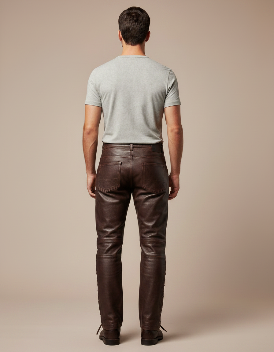 Pantalon Cuir Moto Marron - vue 2
