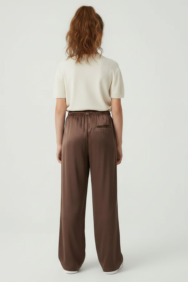 Pantalon Marron Satiné Fluide Droit Ample Élégant - vue 2
