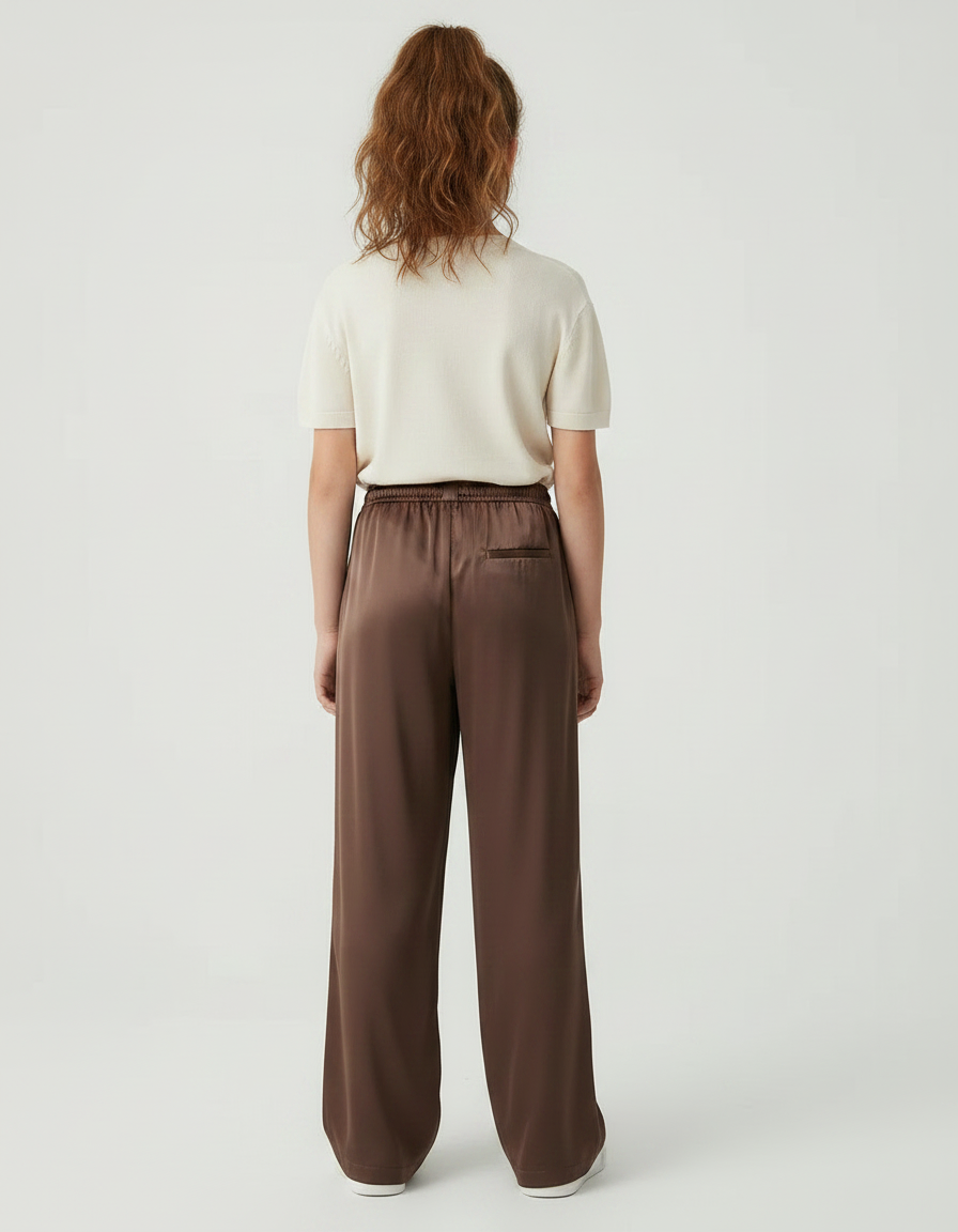 Pantalon Marron Satiné Fluide Droit Ample Élégant - vue 2