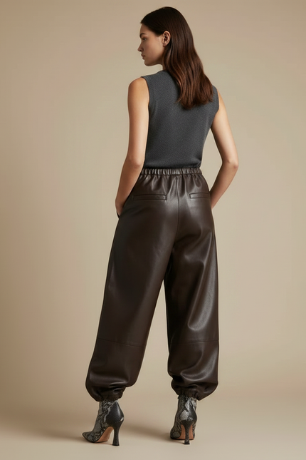 Pantalon Marron Cuir PU Ample Cheville Élastique Rétro - Simili cuir - vue 2