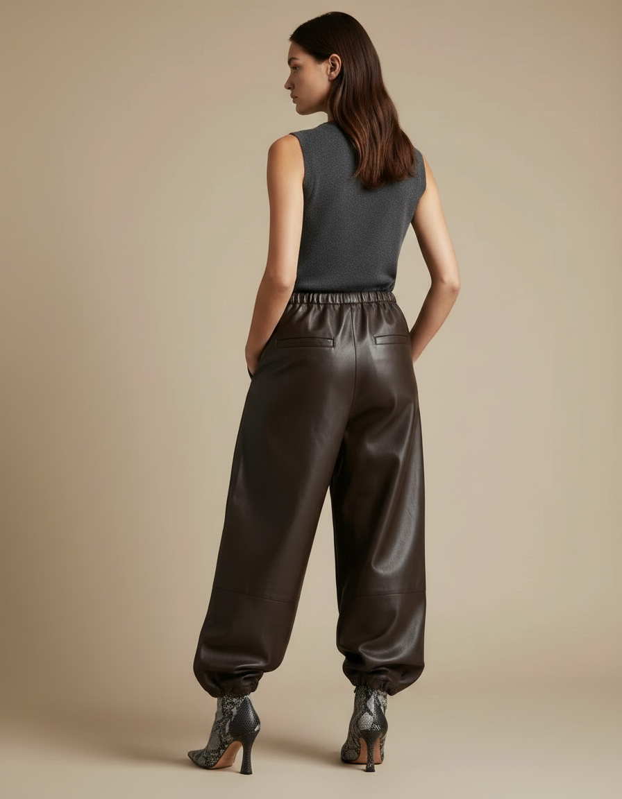 Pantalon Marron Cuir PU Ample Cheville Élastique Rétro - Simili cuir - vue 2
