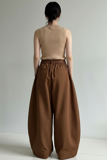 Pantalon Marron Ample Taille Haute Fluide Décontracté - Coton - vue 2