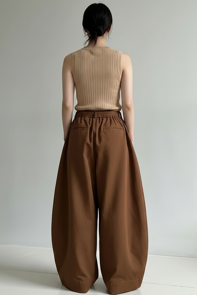 Pantalon Marron Ample Taille Haute Fluide Décontracté - Coton - vue 2