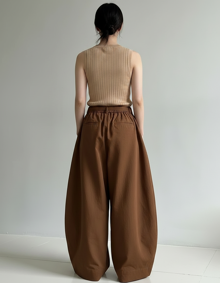 Pantalon Marron Ample Taille Haute Fluide Décontracté - Coton - vue 2