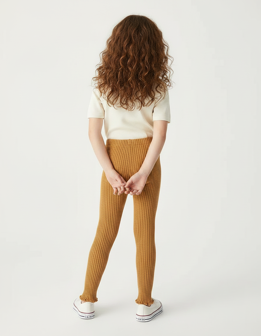 Pantalon Marron Côtelé Tricoté Enfant Confortable - Camel Maille - vue 2