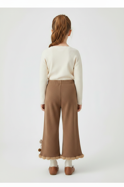 Pantalon Marron Tricoté Évasé Pompons Volants Fille - Maille - vue 2