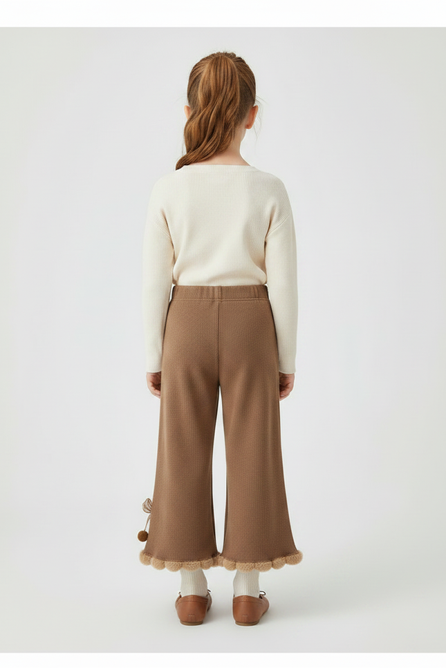Pantalon Marron Tricoté Évasé Pompons Volants Fille - Maille - vue 2