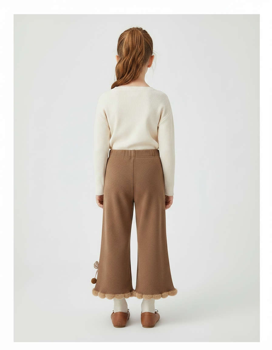 Pantalon Marron Tricoté Évasé Pompons Volants Fille - Maille - vue 2