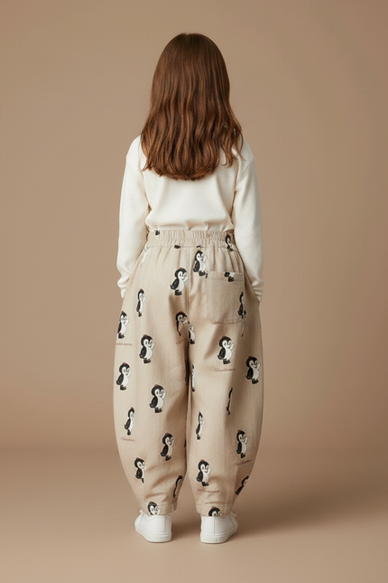 Pantalon Marron Ample Coton Imprimé Pingouin Enfant - Beige - vue 2