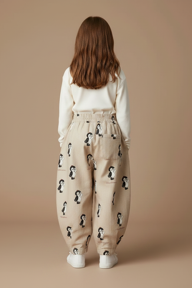 Pantalon Marron Ample Coton Imprimé Pingouin Enfant - Beige - vue 2
