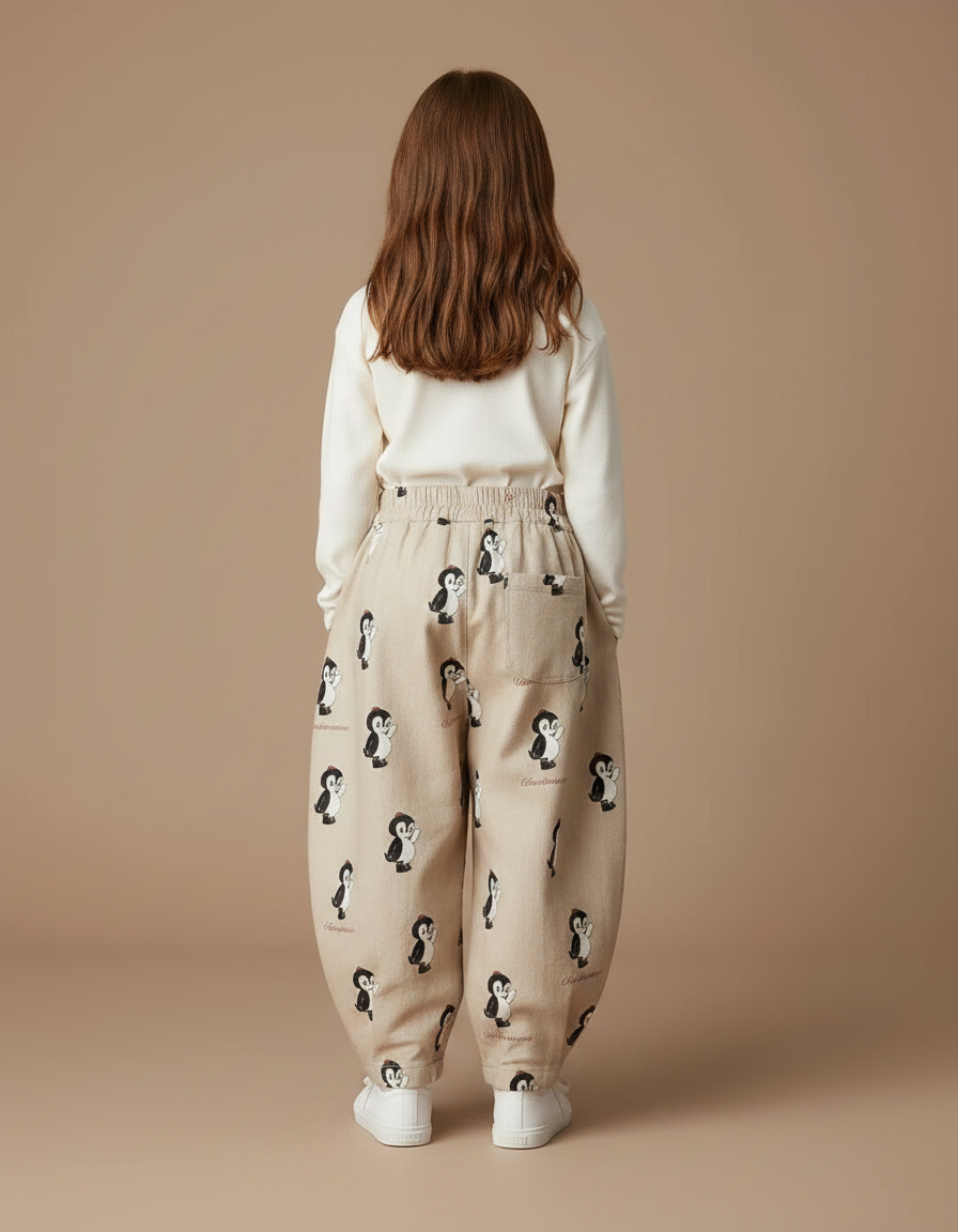 Pantalon Marron Ample Coton Imprimé Pingouin Enfant - Beige - vue 2