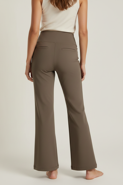 Pantalon Marron Évasé Taille Haute Poches Confortable Femme - Kaki Polyester - vue 2