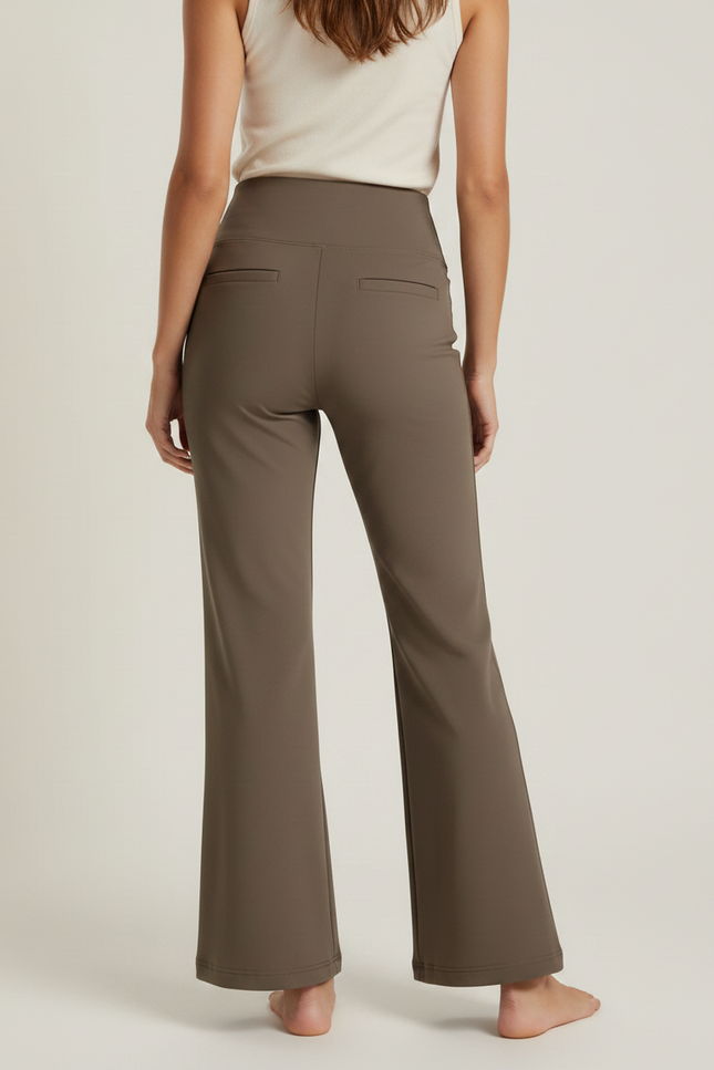 Pantalon Marron Évasé Taille Haute Poches Confortable Femme - Kaki Polyester - vue 2