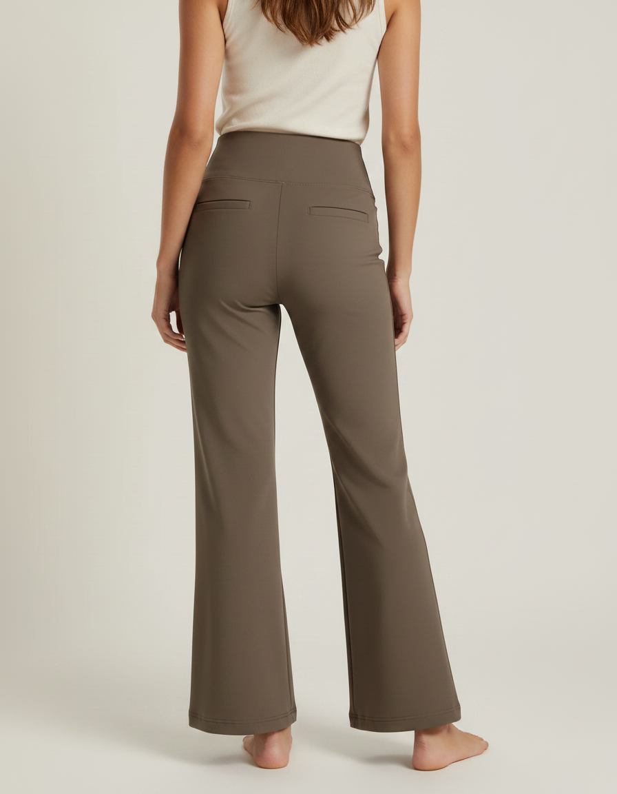 Pantalon Marron Évasé Taille Haute Poches Confortable Femme - Kaki Polyester - vue 2