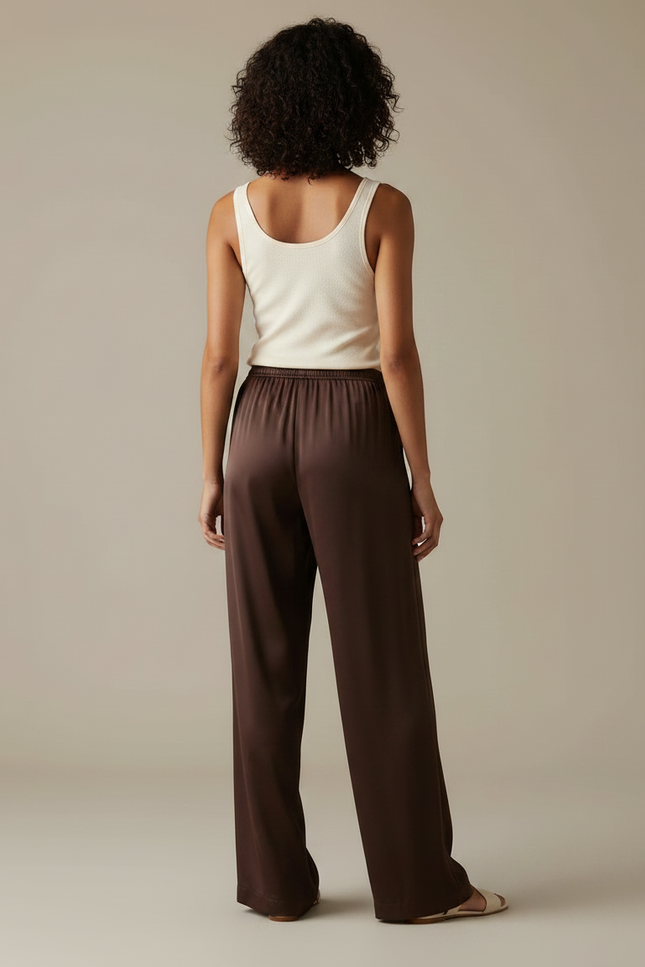 Pantalon Marron Satin Fluide Large Élégant Femme - vue 2