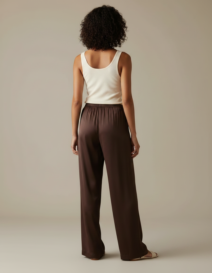 Pantalon Marron Satin Fluide Large Élégant Femme - vue 2