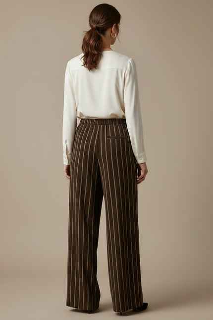 Pantalon Marron Large Rayé Élégant Taille Haute Fluide - Viscose - vue 2