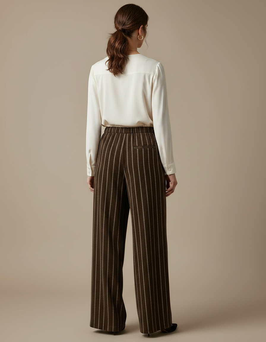 Pantalon Marron Large Rayé Élégant Taille Haute Fluide - Viscose - vue 2