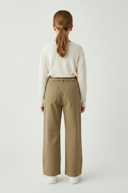 Pantalon Marron Ample Plissé Volants Fille Décontracté - Kaki Toile - vue 2