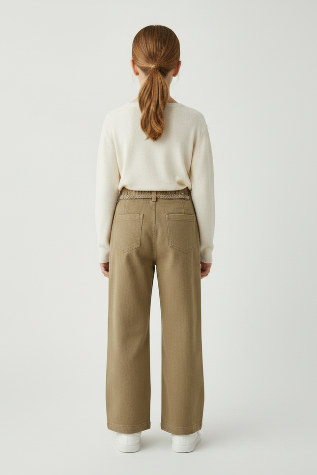 Pantalon Marron Ample Plissé Volants Fille Décontracté - Kaki Toile - vue 2