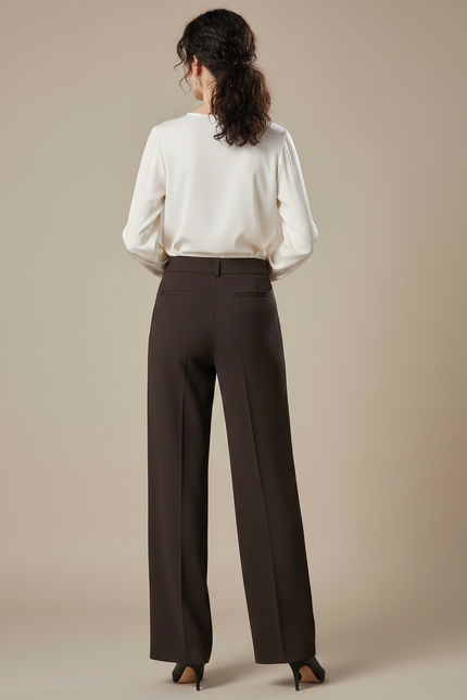 Pantalon Marron Élégant Ample Taille Haute Femme - Polyester - vue 2