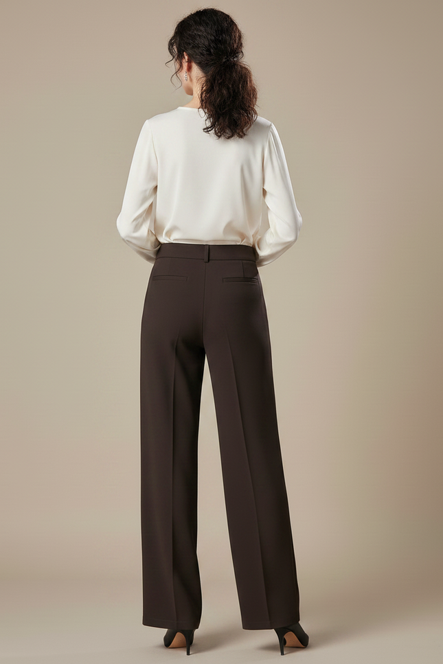 Pantalon Marron Élégant Ample Taille Haute Femme - Polyester - vue 2