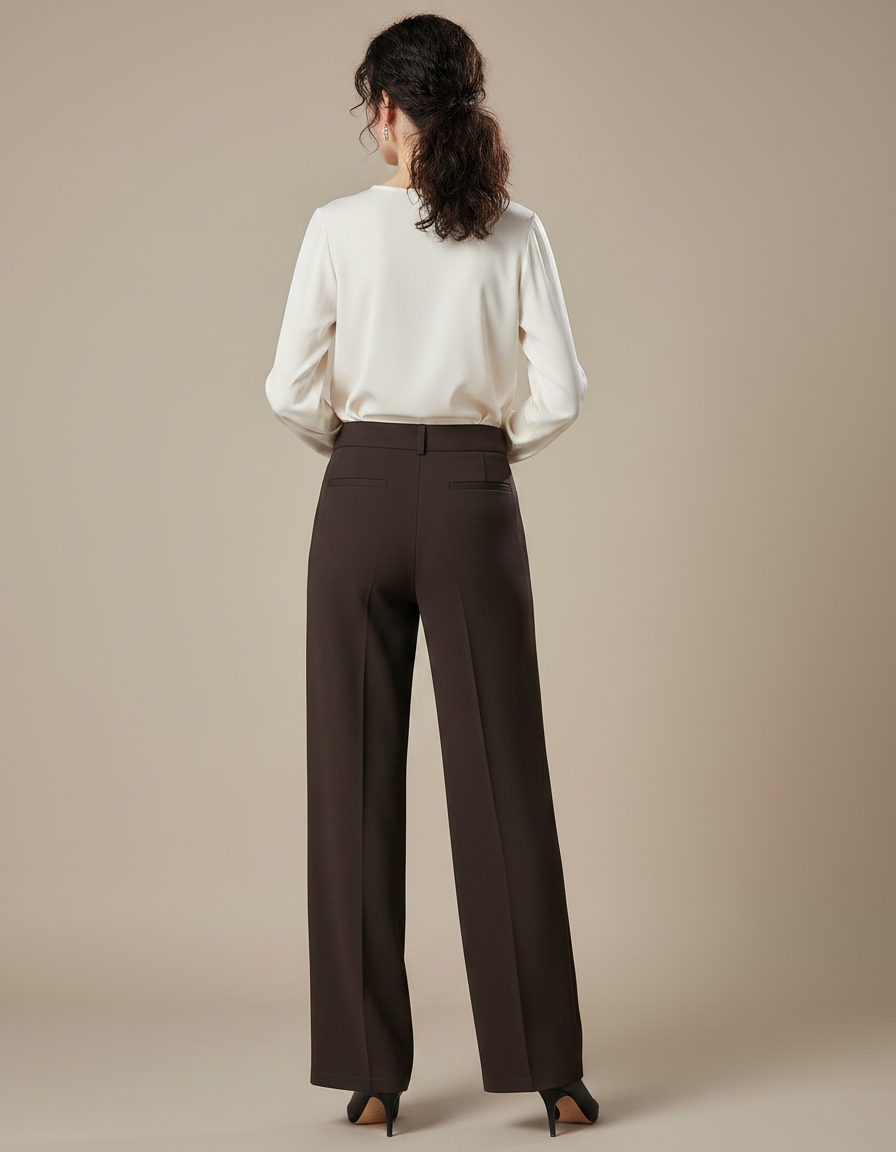 Pantalon Marron Élégant Ample Taille Haute Femme - Polyester - vue 2
