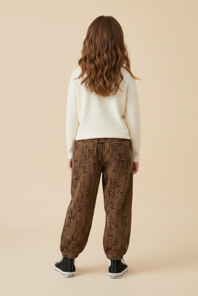 Pantalon Marron Côtelé Lettres Ample Enfant - Cordé - vue 2