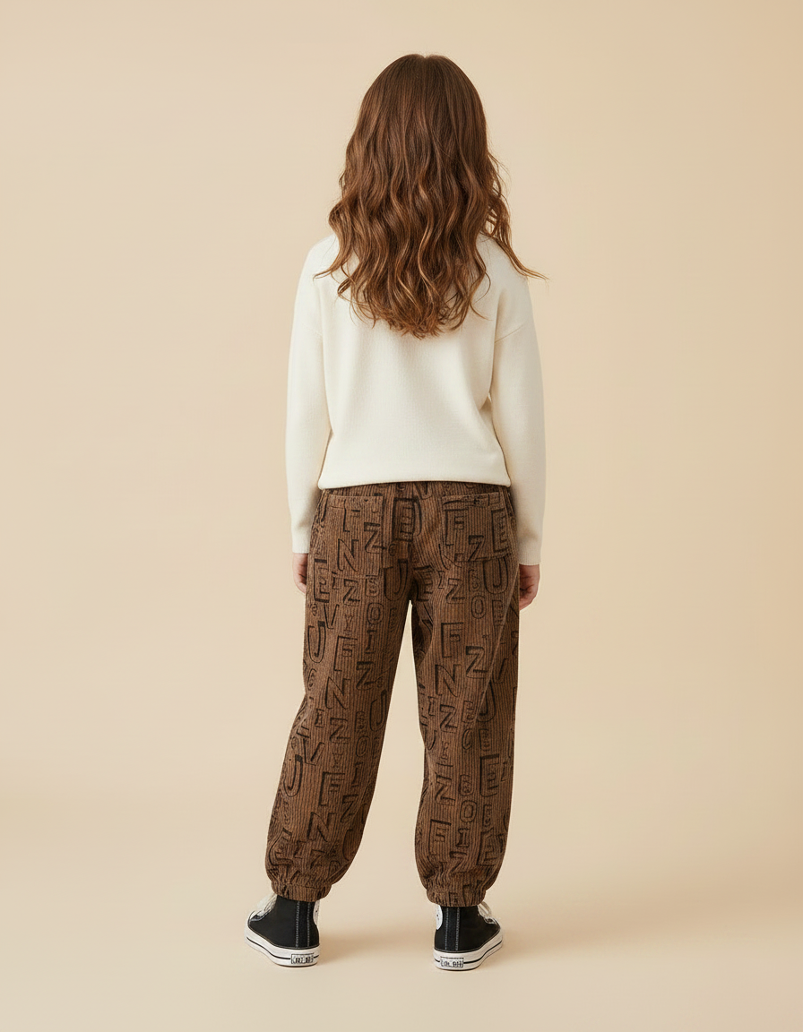 Pantalon Marron Côtelé Lettres Ample Enfant - Cordé - vue 2
